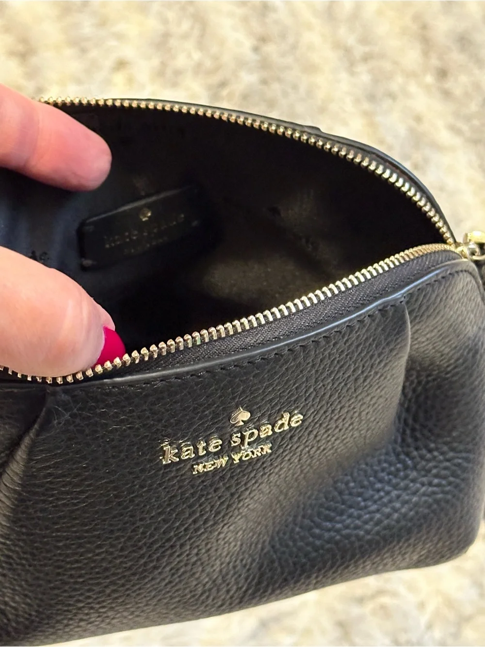 kate spade Black Pebbled Leather Camera Crossbody with Gold Logo